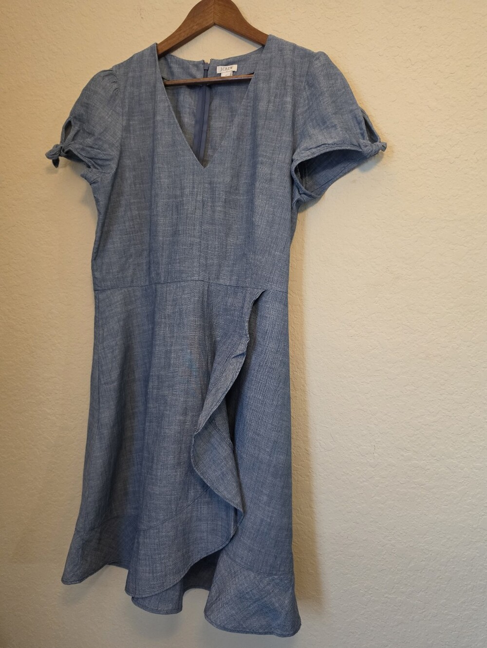 J. Crew Chambray Dress Womens 10 Cap Sleeve Faux Wrap Summer Brunch Cottagecore - Picture 2 of 11